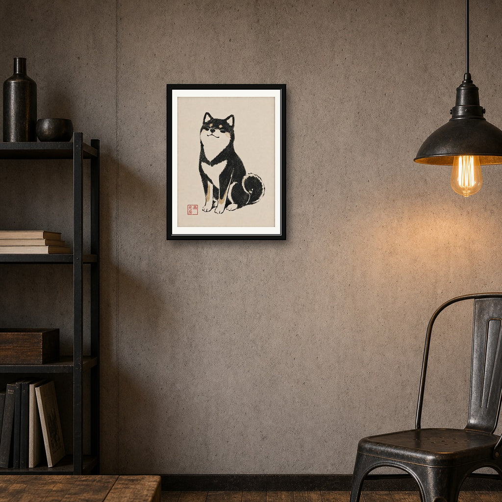Shiba Inu Art Print, Japanese Ukiyo-e Style Dog Poster, Zen Minimalist Pet Wall Art, Black & Tan - corrected 3x4 room mockup