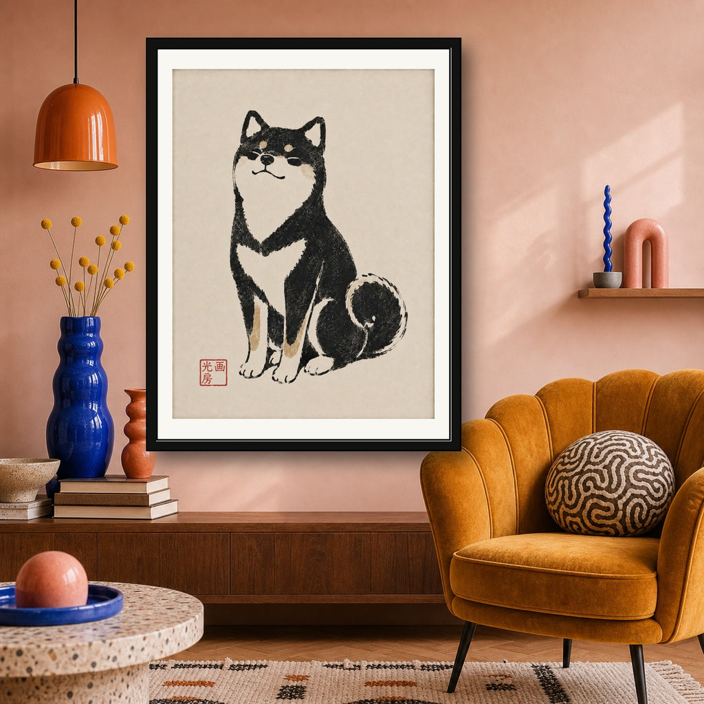 Shiba Inu Art Print, Japanese Ukiyo-e Style Dog Poster, Zen Minimalist Pet Wall Art, Black & Tan - corrected 3x4 room mockup