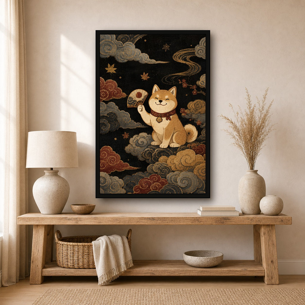 Shiba Inu Clouds Fan Japanese Retro Poster Print - 2x3 room mockup