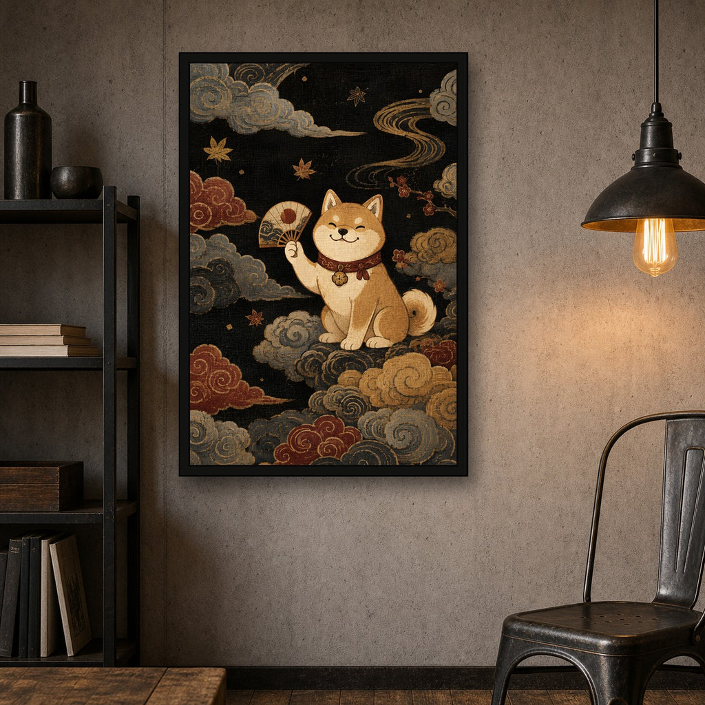 Shiba Inu Clouds Fan Japanese Retro Poster Print - 2x3 room mockup