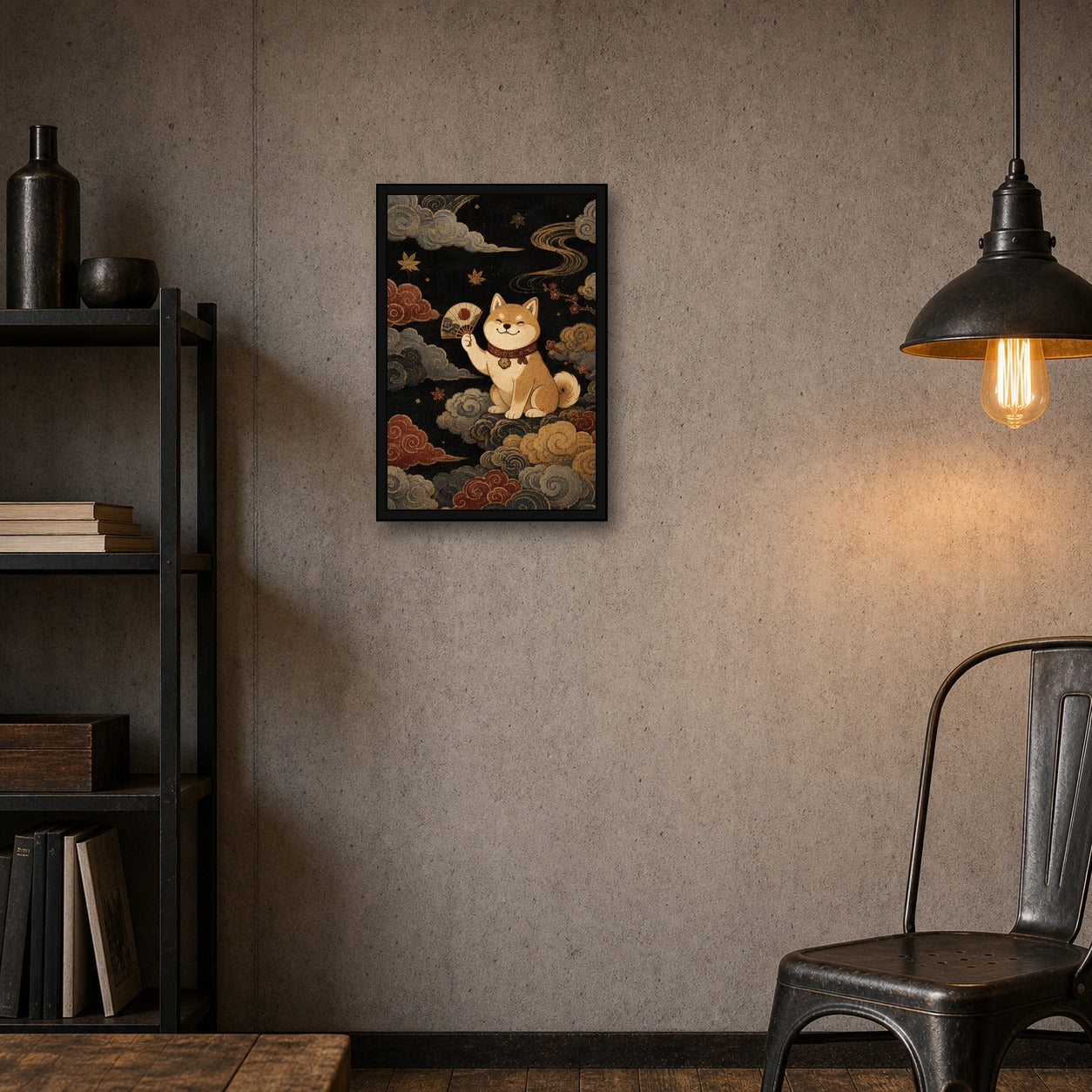 Shiba Inu Clouds Fan Japanese Retro Poster Print - 2x3 room mockup