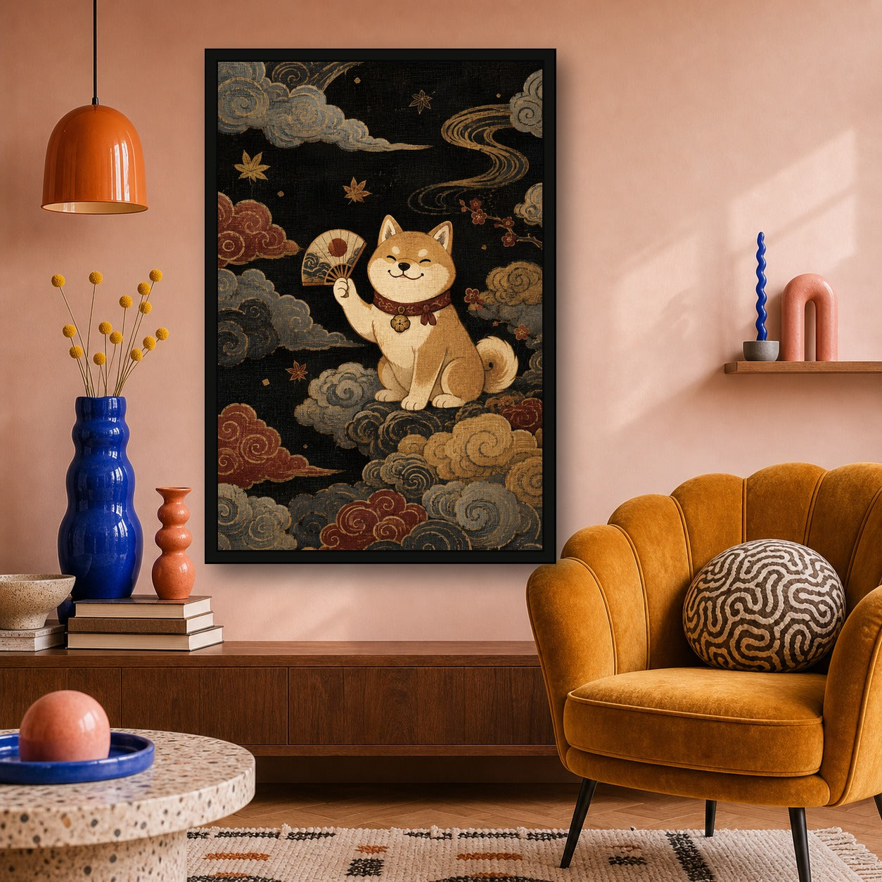 Shiba Inu Clouds Fan Japanese Retro Poster Print - 2x3 room mockup