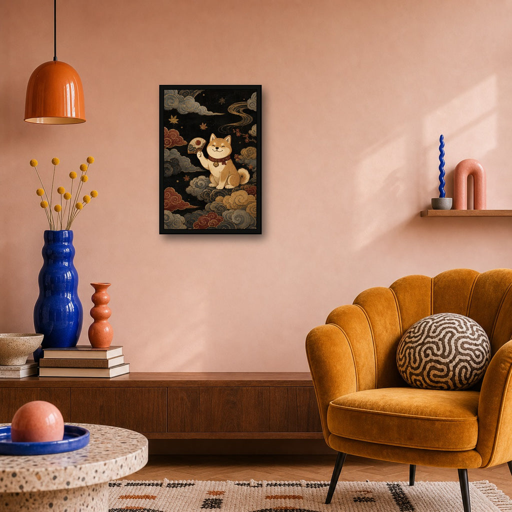 Shiba Inu Clouds Fan Japanese Retro Poster Print - 2x3 room mockup