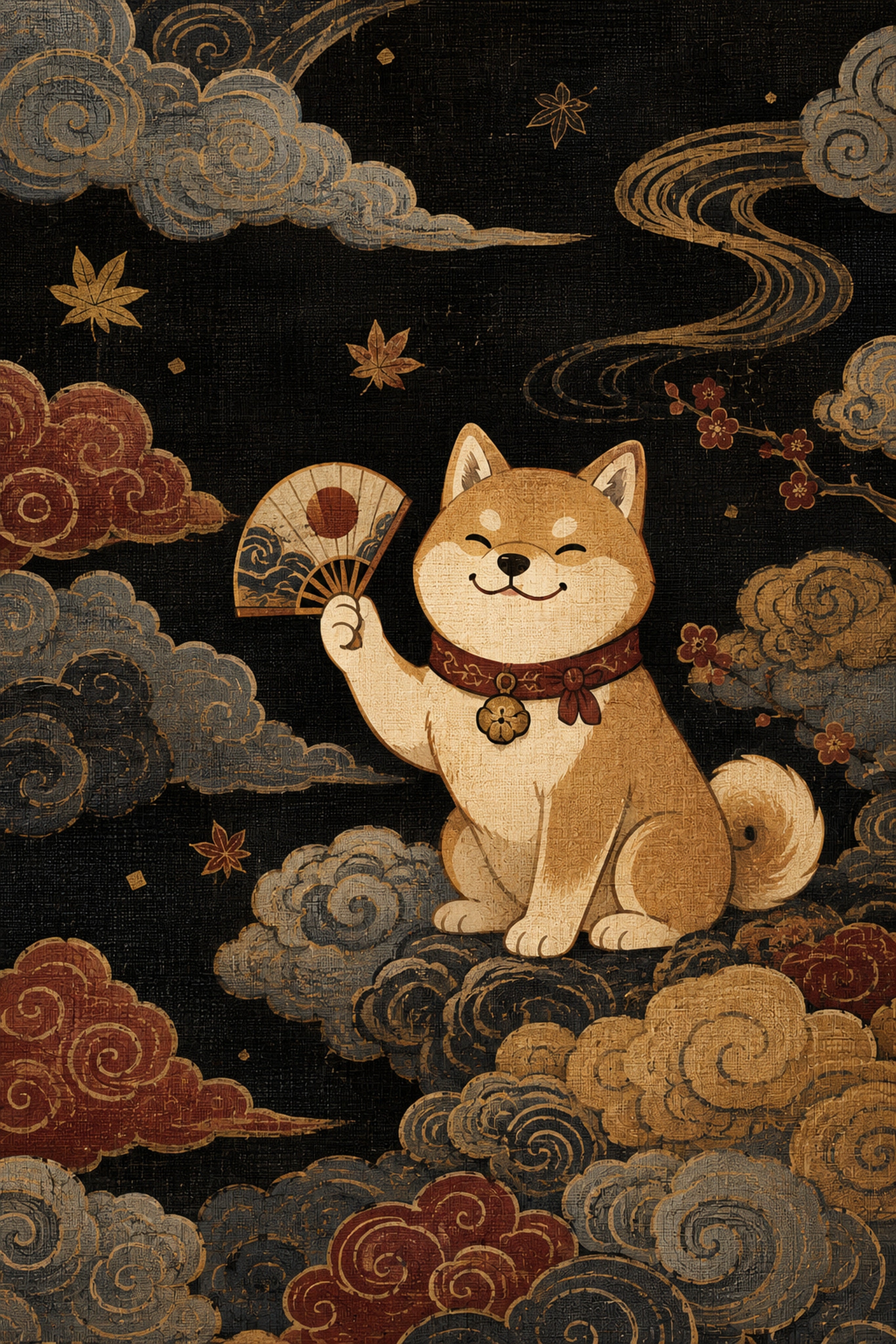 Shiba Inu Clouds Fan Japanese Retro Poster Print