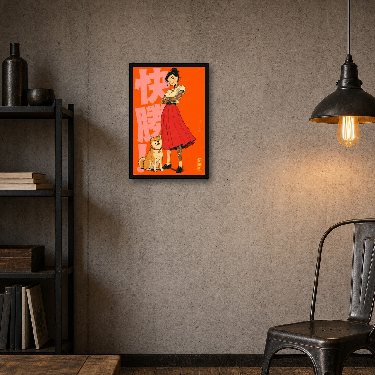 Shiba Inu Sun Orange Japanese Retro Poster Print - 2x3 room mockup