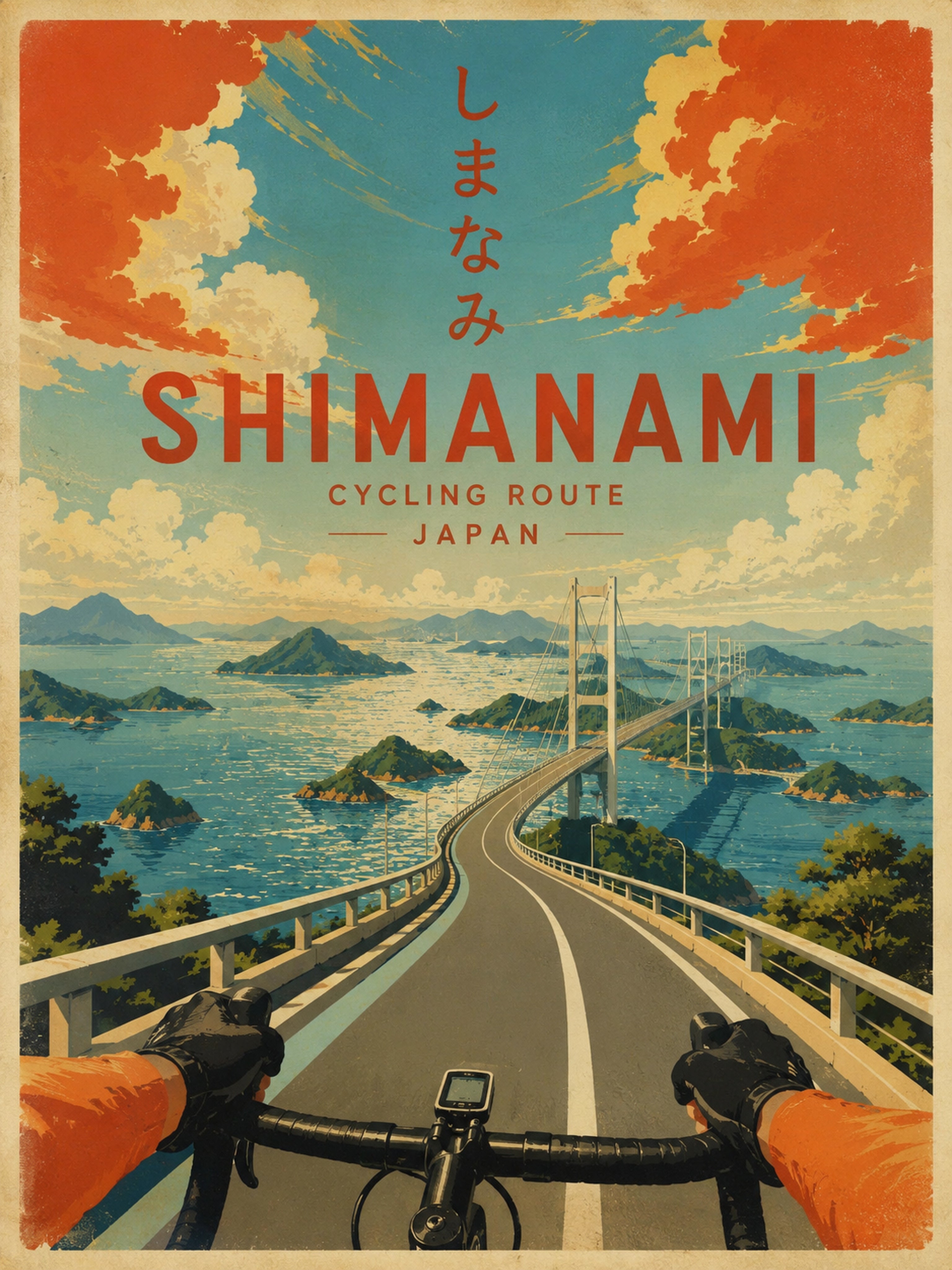 Shimanami Kaido Cycling Route Poster, Japan Landscape Wall Art, Vintage Travel Print - corrected 3x4 flat artwork