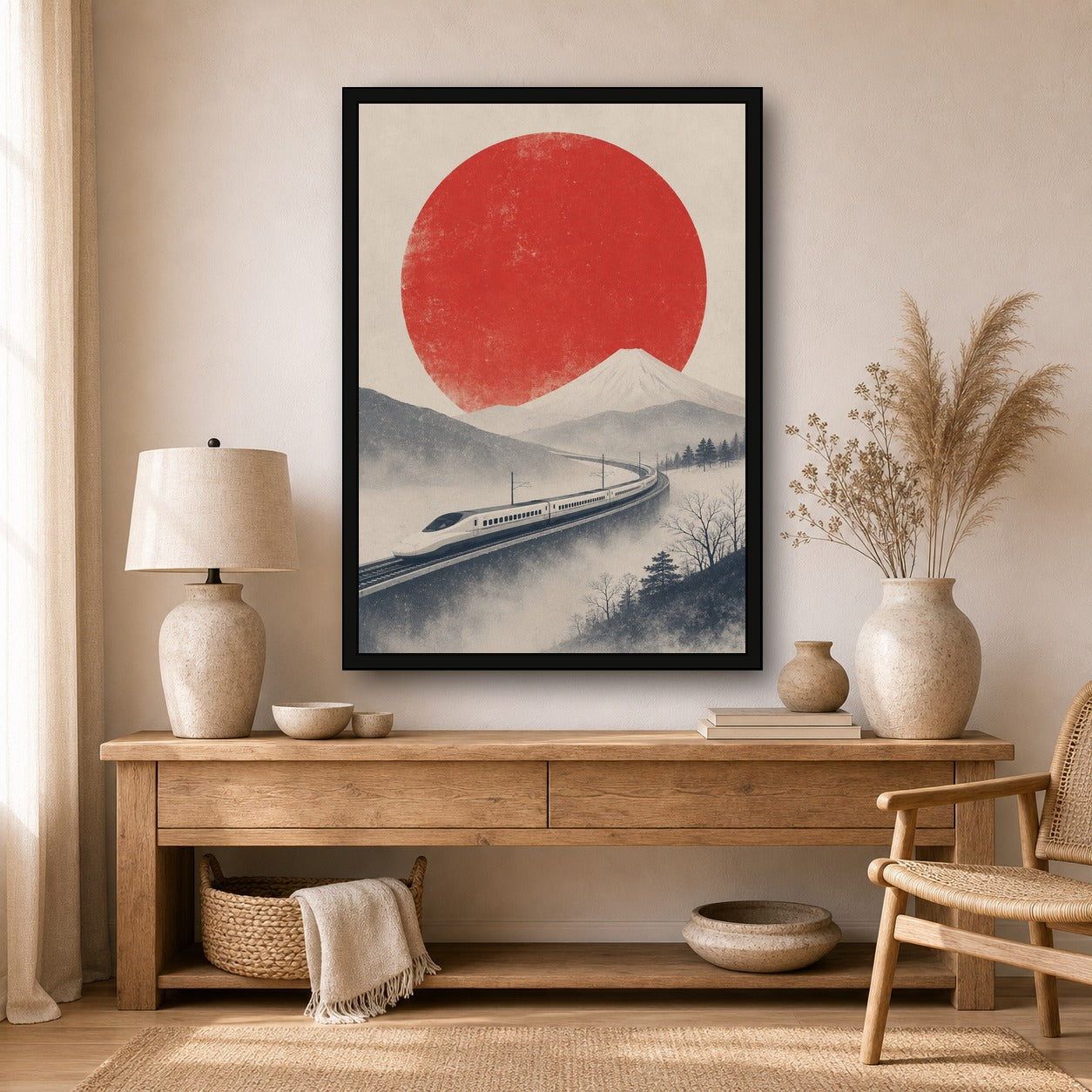 Shinkansen Fuji Red Sun Poster, Japanese Landscape Wall Art, Travel Print - A room mockup