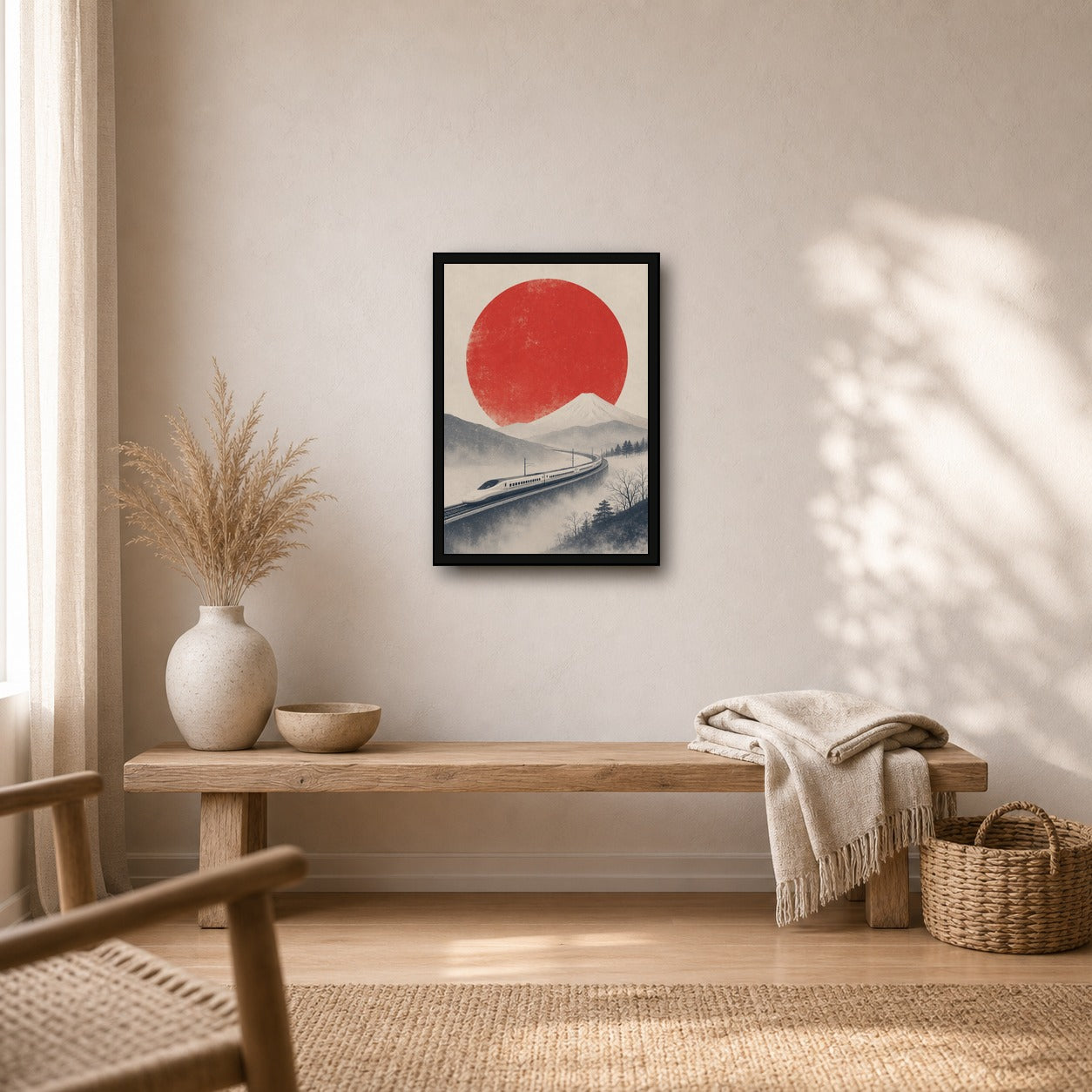 Shinkansen Fuji Red Sun Poster, Japanese Landscape Wall Art, Travel Print - A room mockup