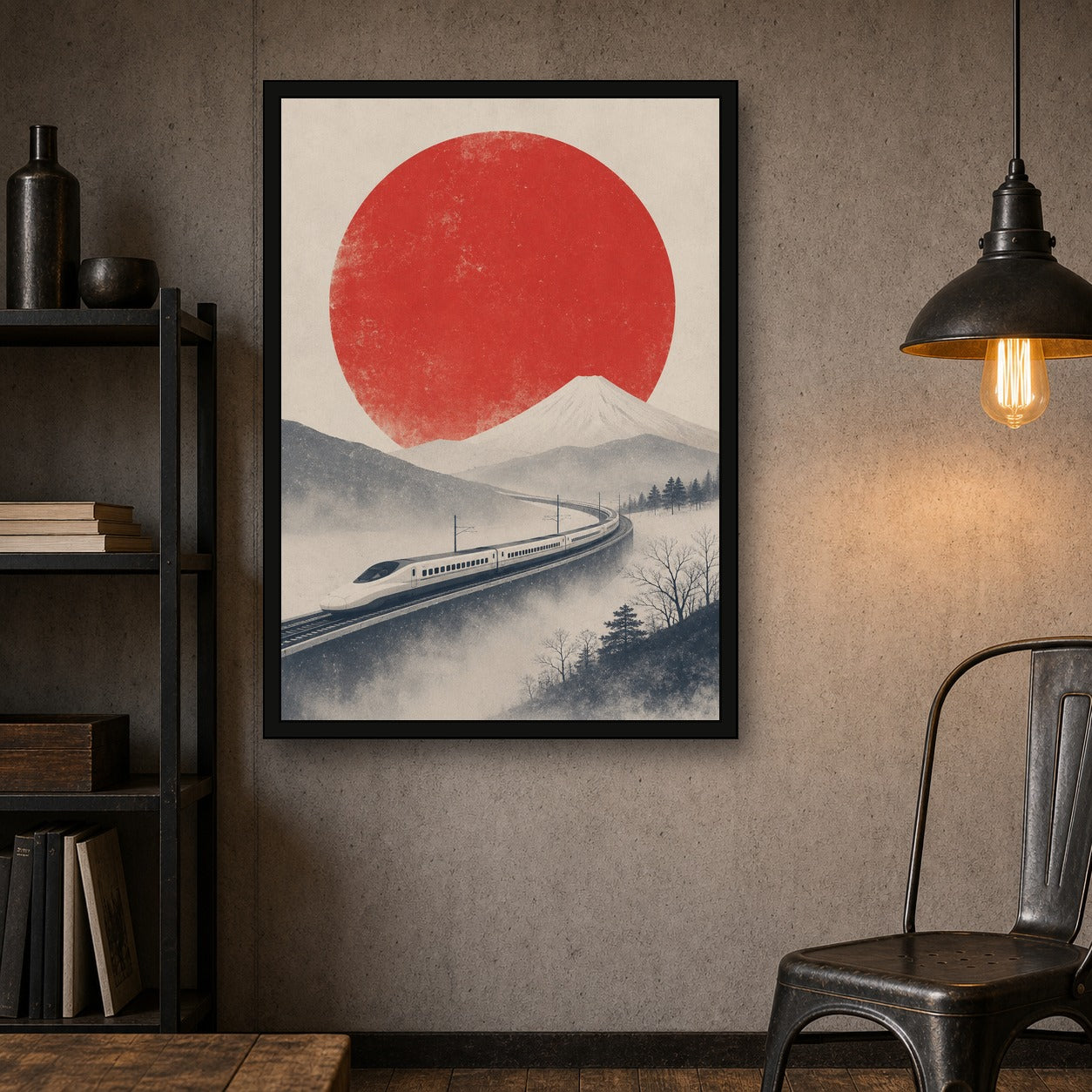 Shinkansen Fuji Red Sun Poster, Japanese Landscape Wall Art, Travel Print - A room mockup