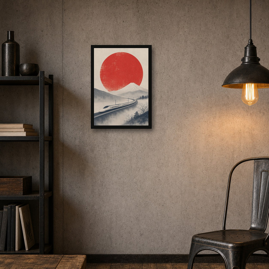 Shinkansen Fuji Red Sun Poster, Japanese Landscape Wall Art, Travel Print - A room mockup