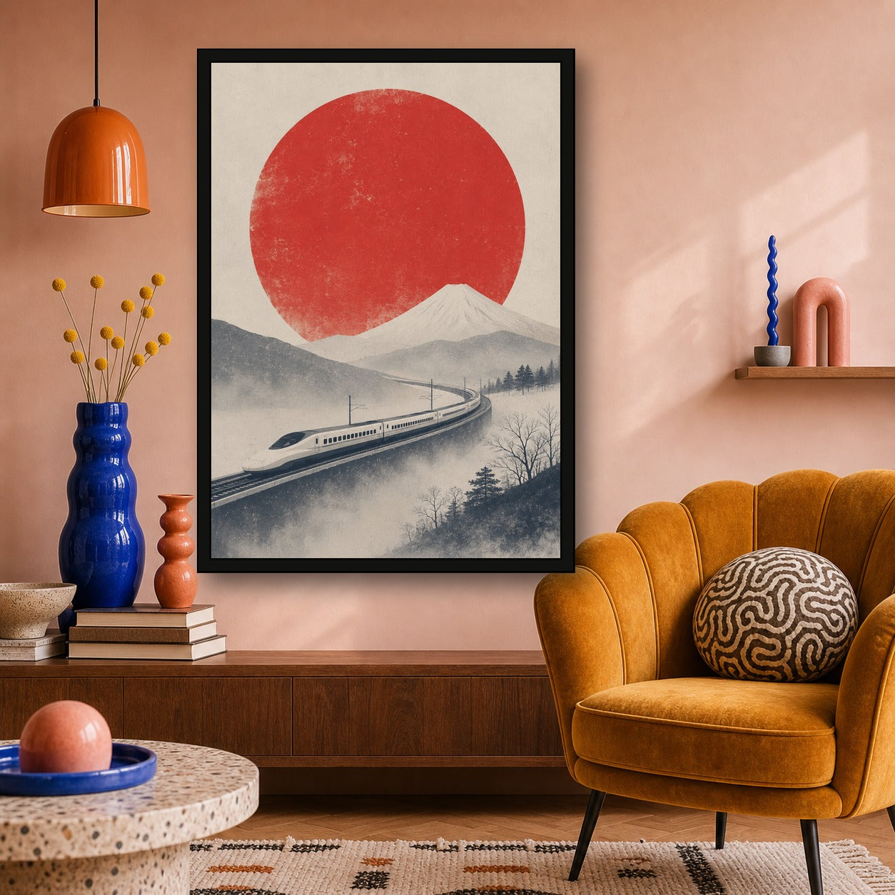 Shinkansen Fuji Red Sun Poster, Japanese Landscape Wall Art, Travel Print - A room mockup