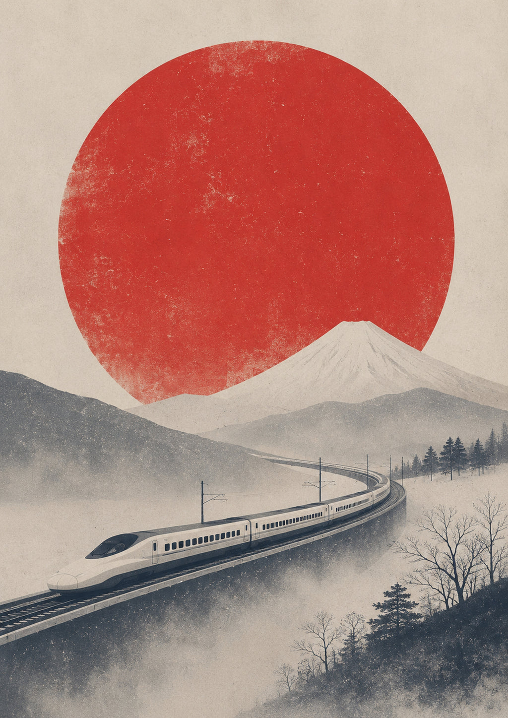 Shinkansen Fuji Red Sun Poster, Japanese Landscape Wall Art, Travel Print