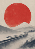Shinkansen Fuji Red Sun Poster, Japanese Landscape Wall Art, Travel Print
