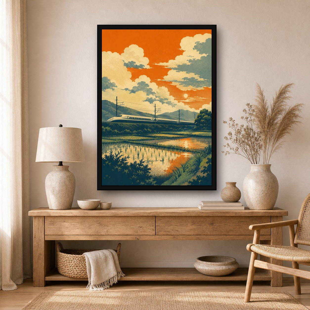 Shinkansen Rice Field Sunset Japanese Retro Poster Print - A room mockup