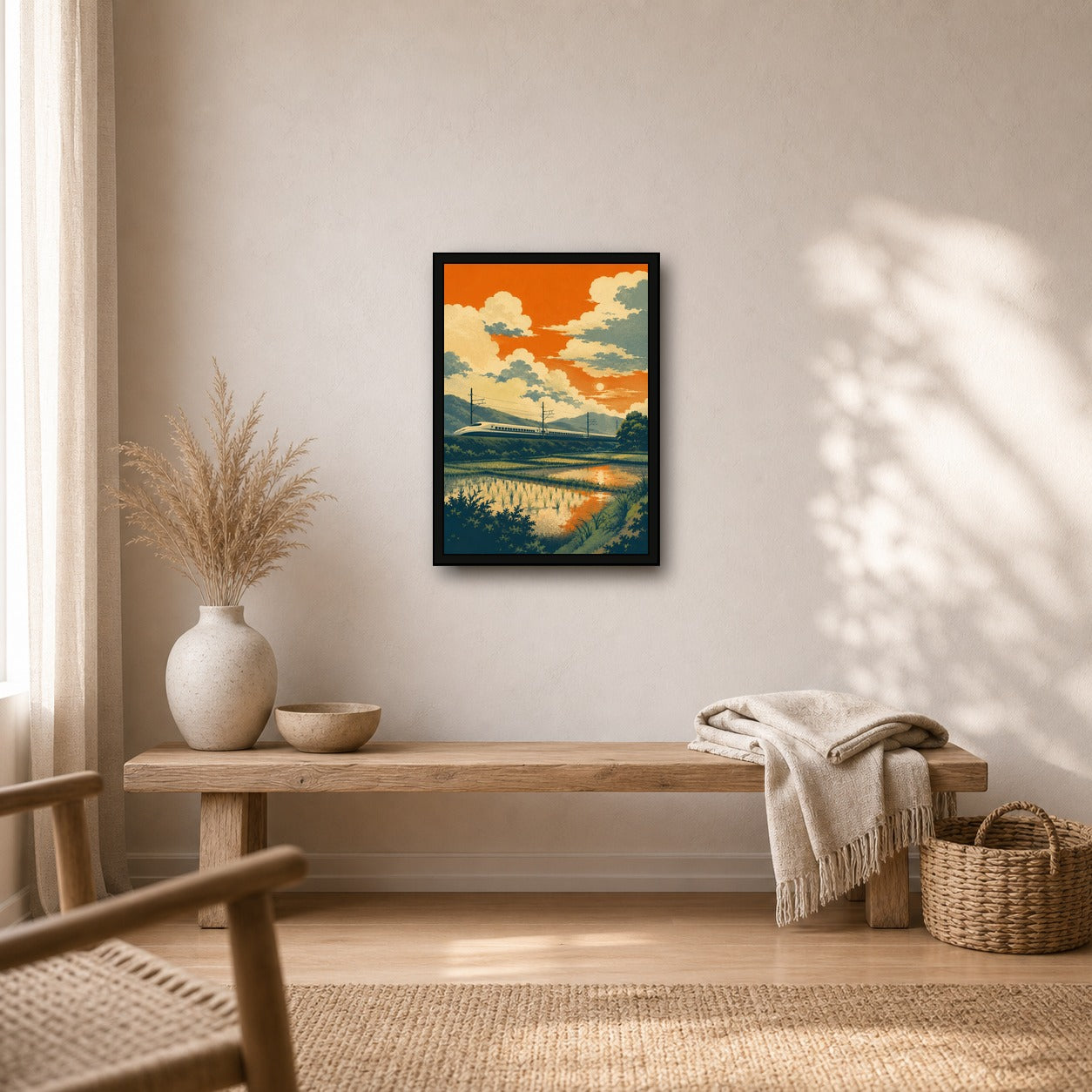 Shinkansen Rice Field Sunset Japanese Retro Poster Print - A room mockup