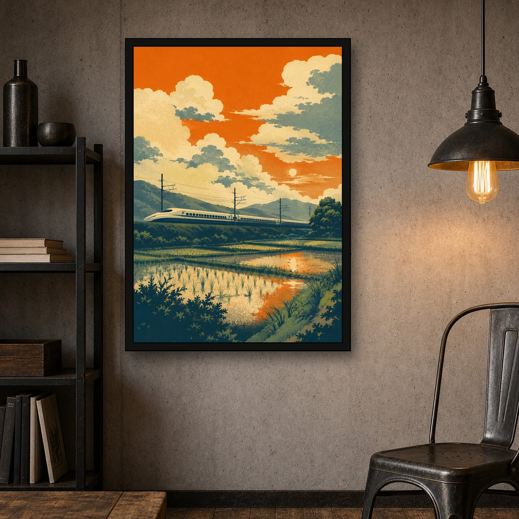 Shinkansen Rice Field Sunset Japanese Retro Poster Print - A room mockup