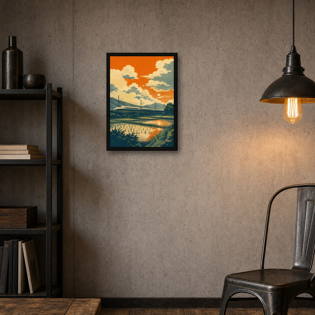 Shinkansen Rice Field Sunset Japanese Retro Poster Print - A room mockup