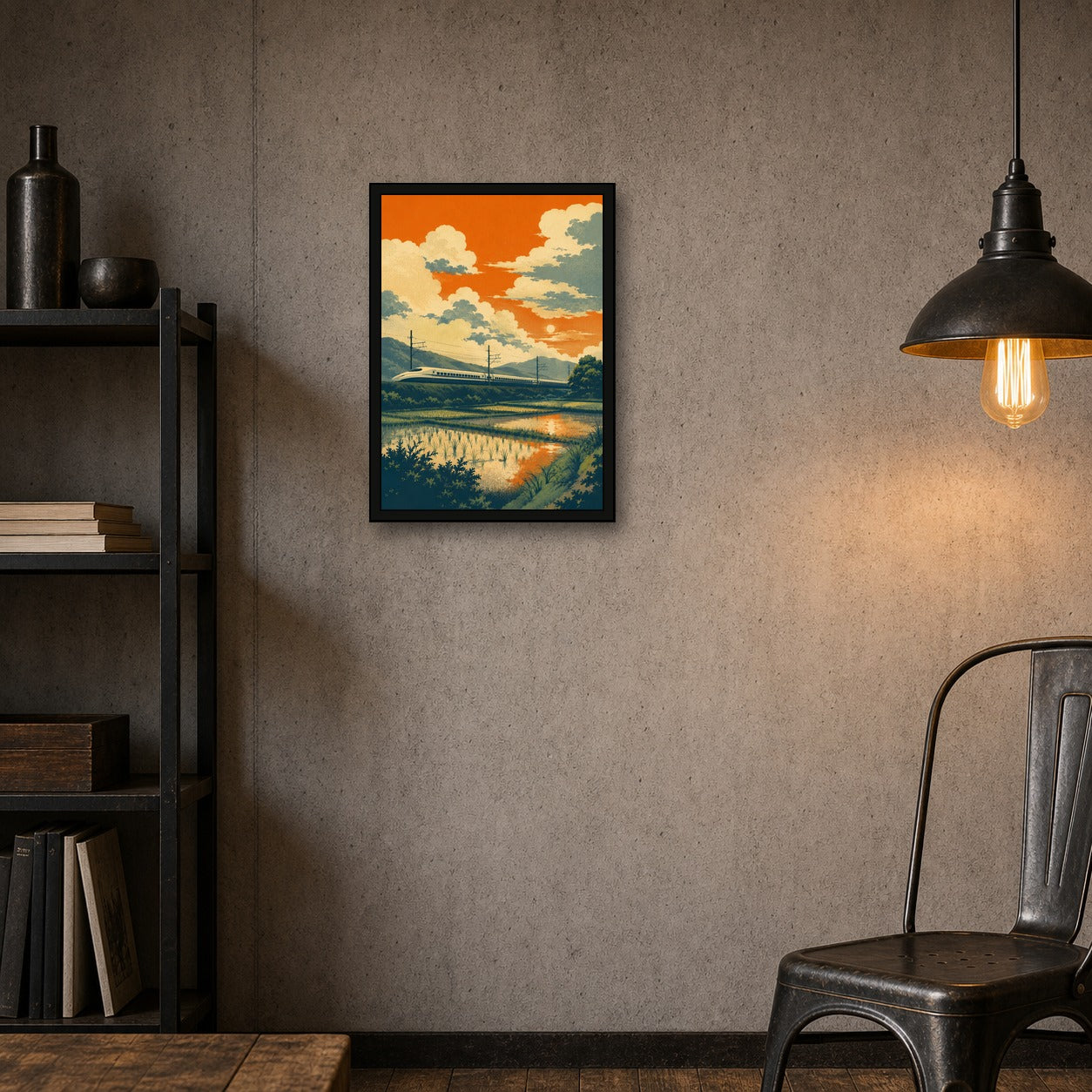 Shinkansen Rice Field Sunset Japanese Retro Poster Print - A room mockup