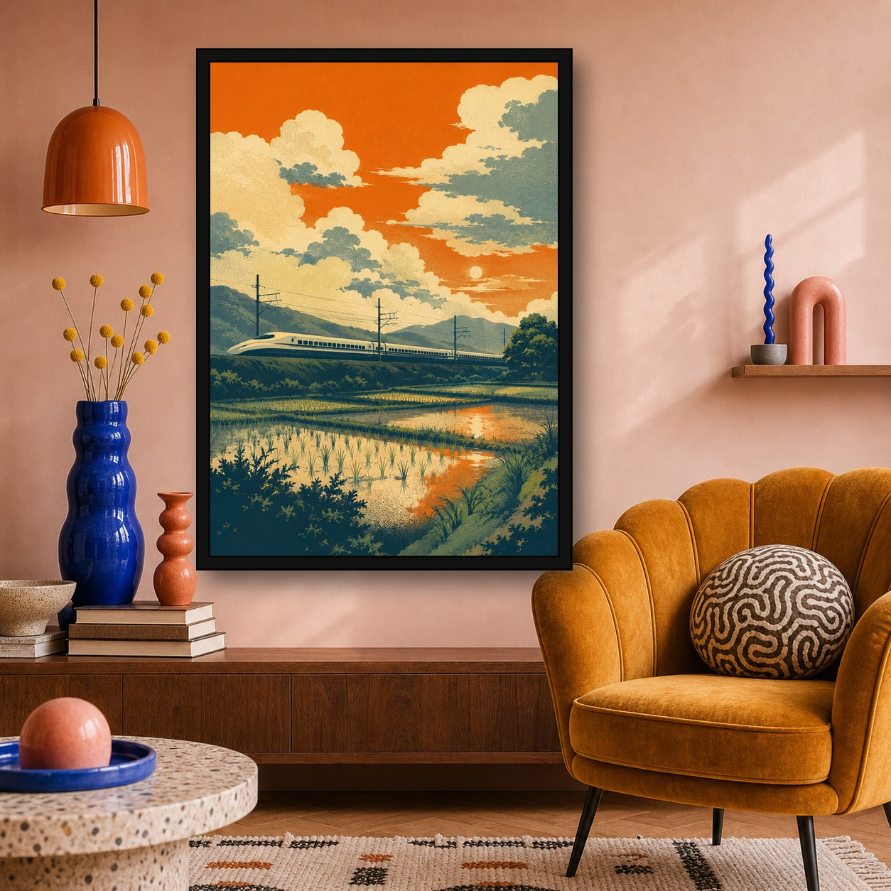 Shinkansen Rice Field Sunset Japanese Retro Poster Print - A room mockup