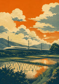 Shinkansen Rice Field Sunset Japanese Retro Poster Print