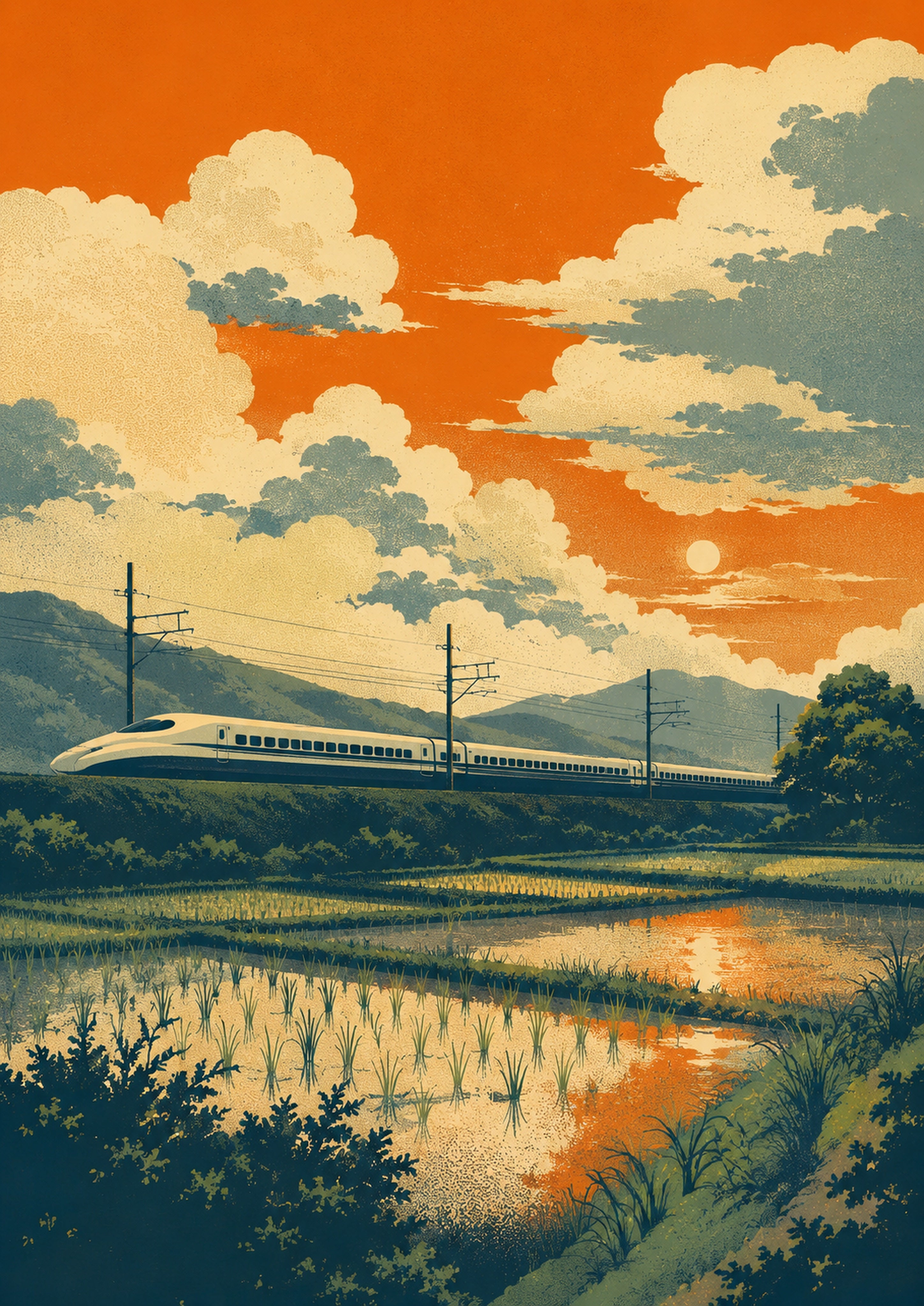 Shinkansen Rice Field Sunset Japanese Retro Poster Print