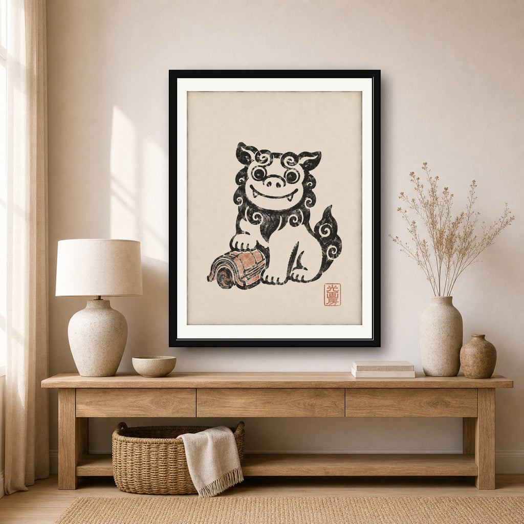 Shisa Dog Art Print: Okinawa Guardian, Japanese Folk Art Poster, Serene Travel Decor in Various Sizes - corrected 3x4 room mockup