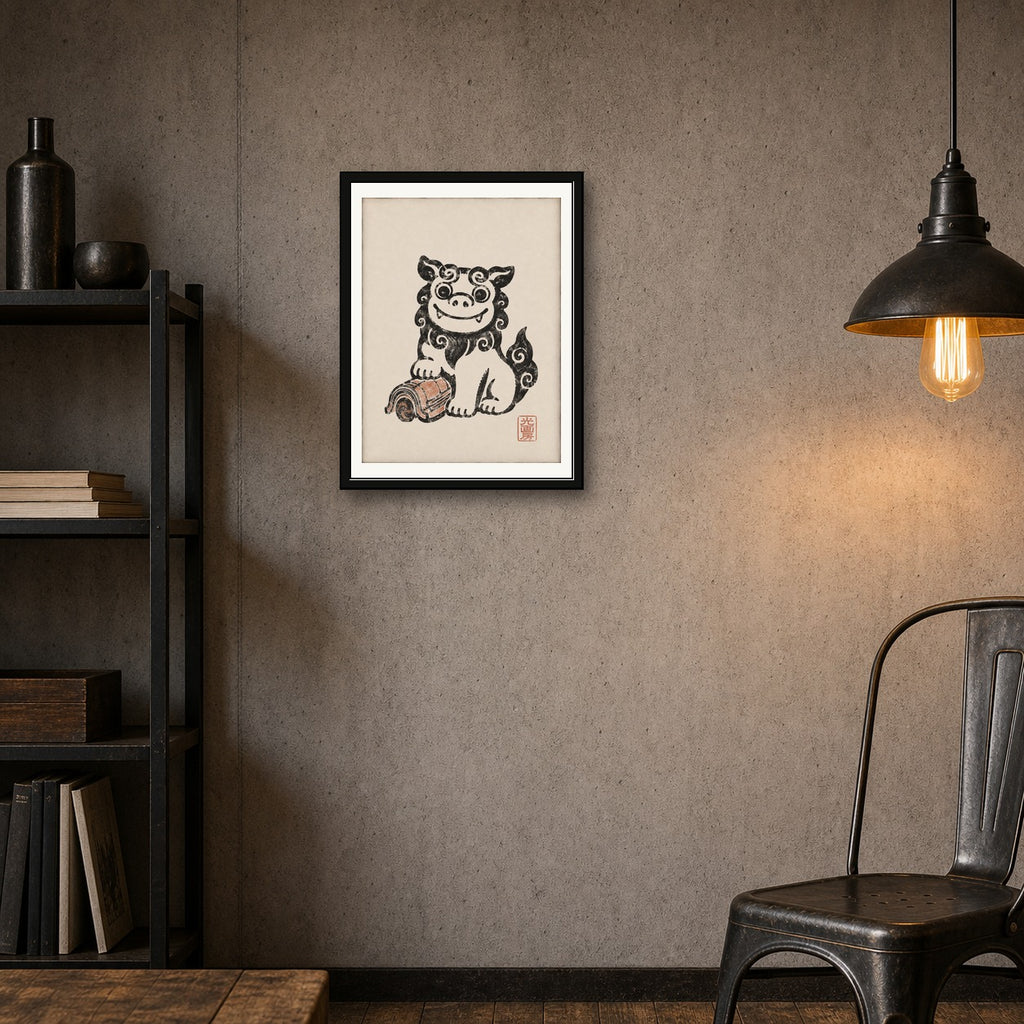 Shisa Dog Art Print: Okinawa Guardian, Japanese Folk Art Poster, Serene Travel Decor in Various Sizes - corrected 3x4 room mockup