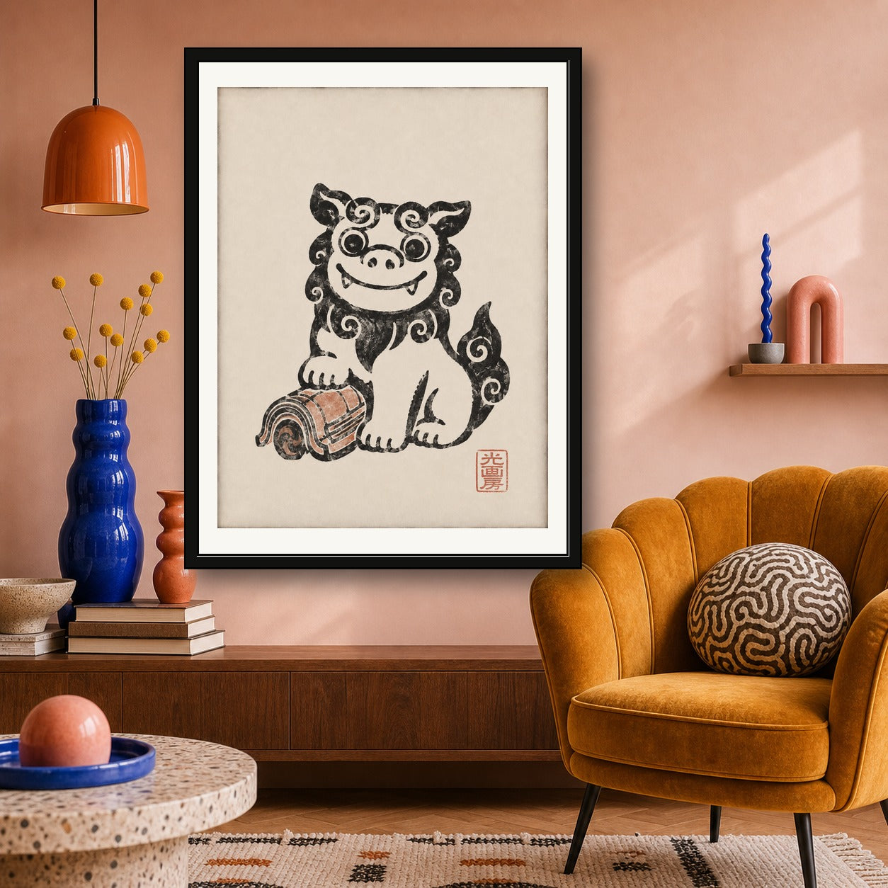 Shisa Dog Art Print: Okinawa Guardian, Japanese Folk Art Poster, Serene Travel Decor in Various Sizes - corrected 3x4 room mockup