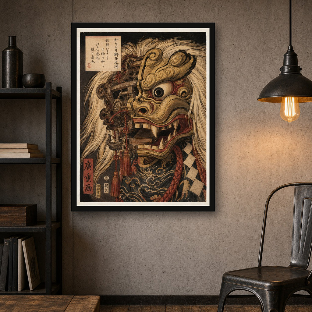 Shishi Mai Lion Mask Woodblock Poster, Japanese Wall Art Print - 3x4 room mockup
