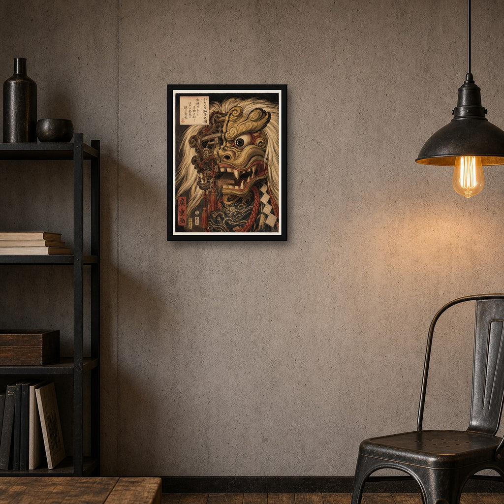 Shishi Mai Lion Mask Woodblock Poster, Japanese Wall Art Print - 3x4 room mockup