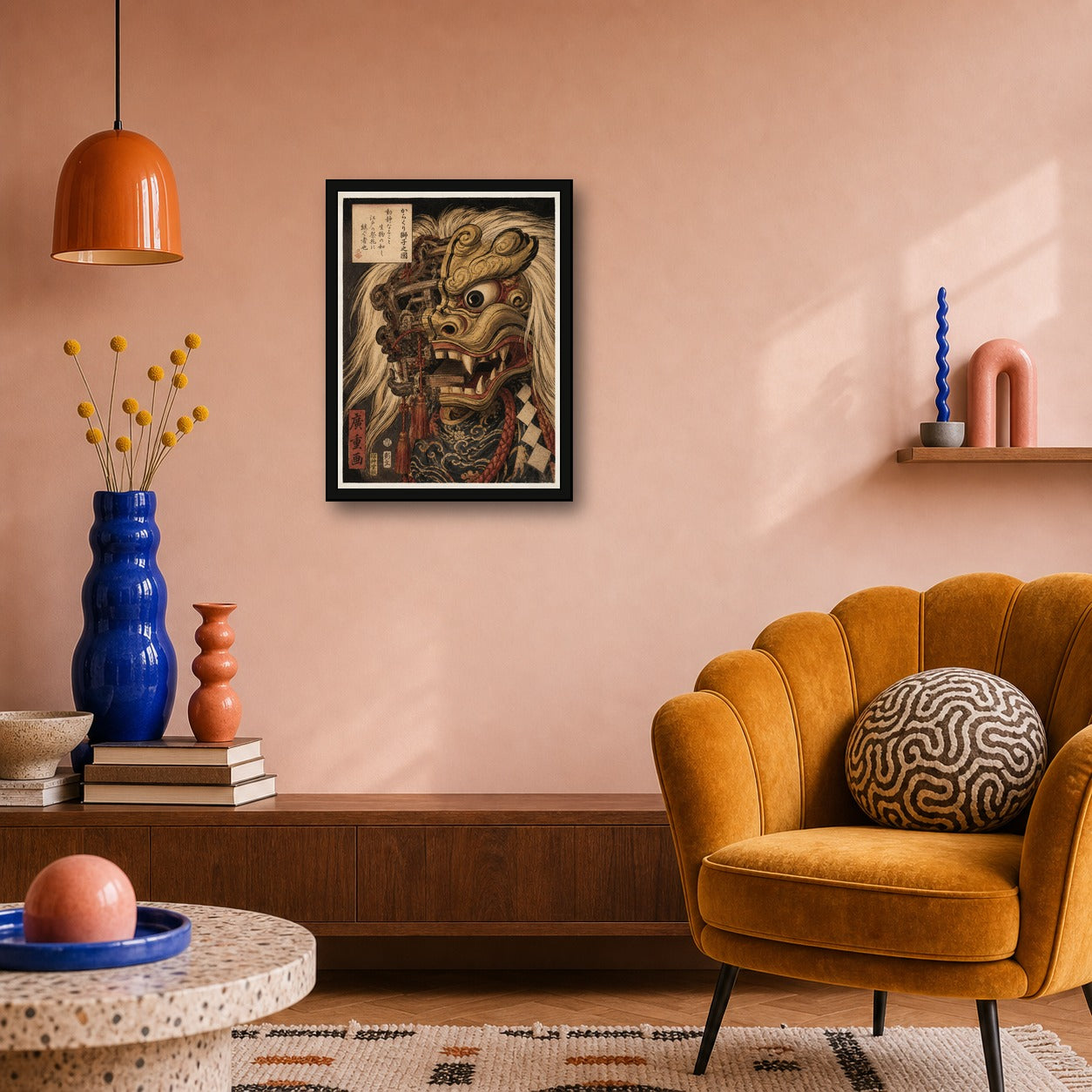 Shishi Mai Lion Mask Woodblock Poster, Japanese Wall Art Print - 3x4 room mockup