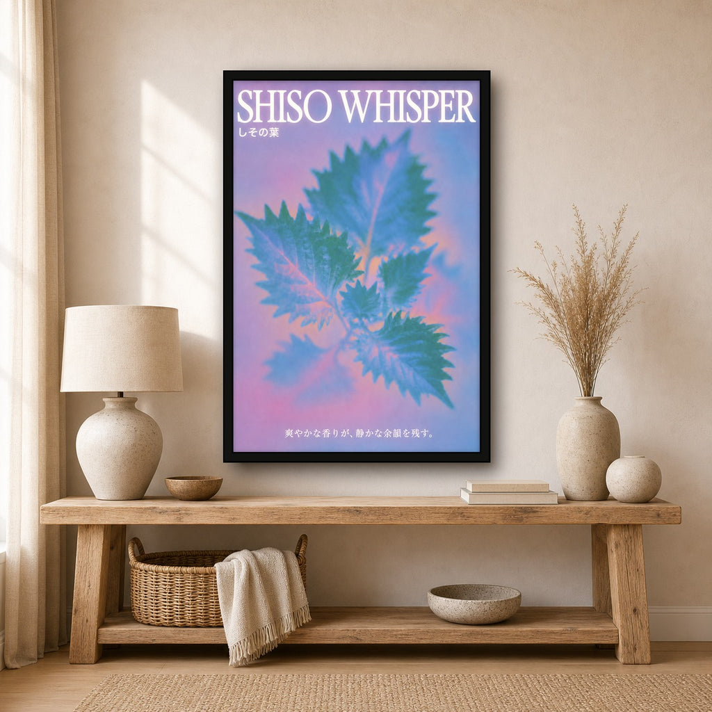 Shiso Whisper Abstract Art Poster, Mystical Japan Wall Decor, Pastel Hues & Leaves Print - 2x3 room mockup