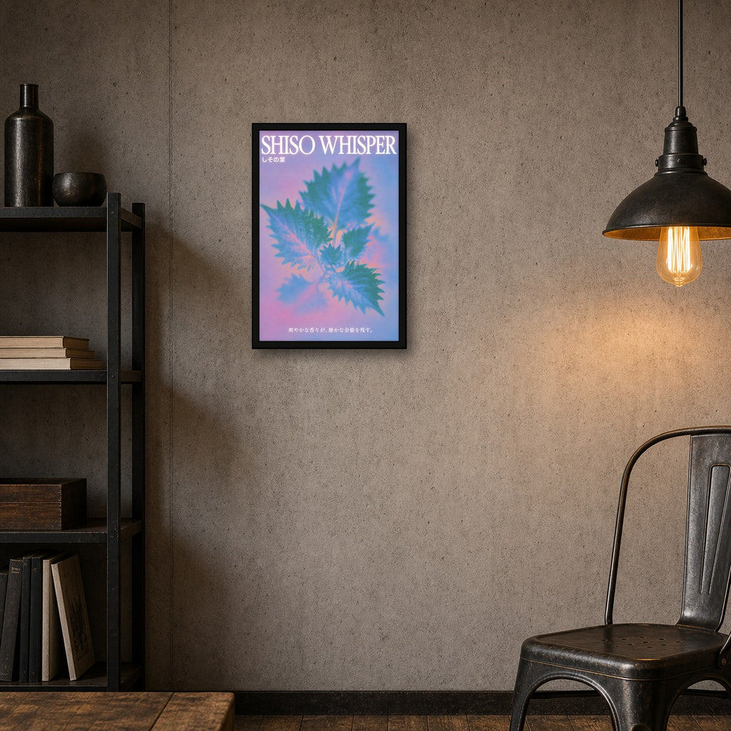 Shiso Whisper Abstract Art Poster, Mystical Japan Wall Decor, Pastel Hues & Leaves Print - 2x3 room mockup