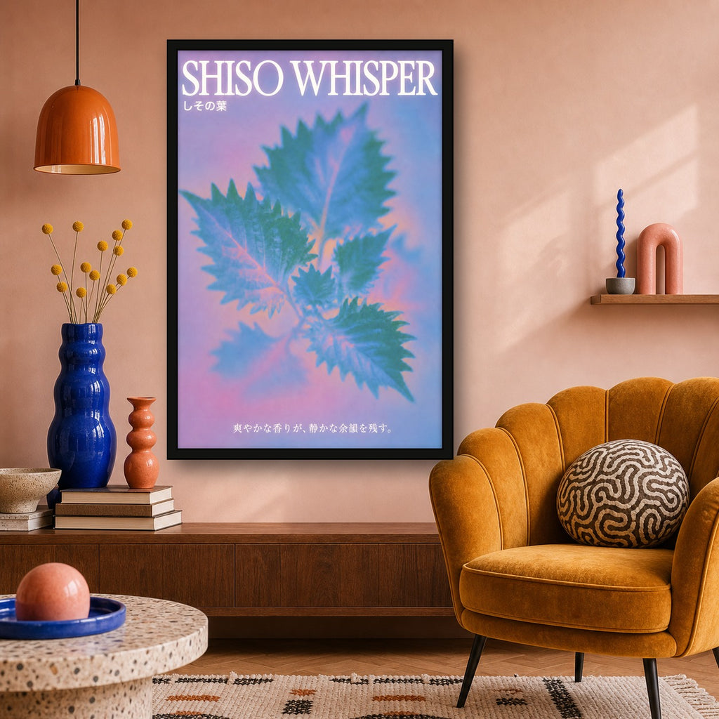 Shiso Whisper Abstract Art Poster, Mystical Japan Wall Decor, Pastel Hues & Leaves Print - 2x3 room mockup