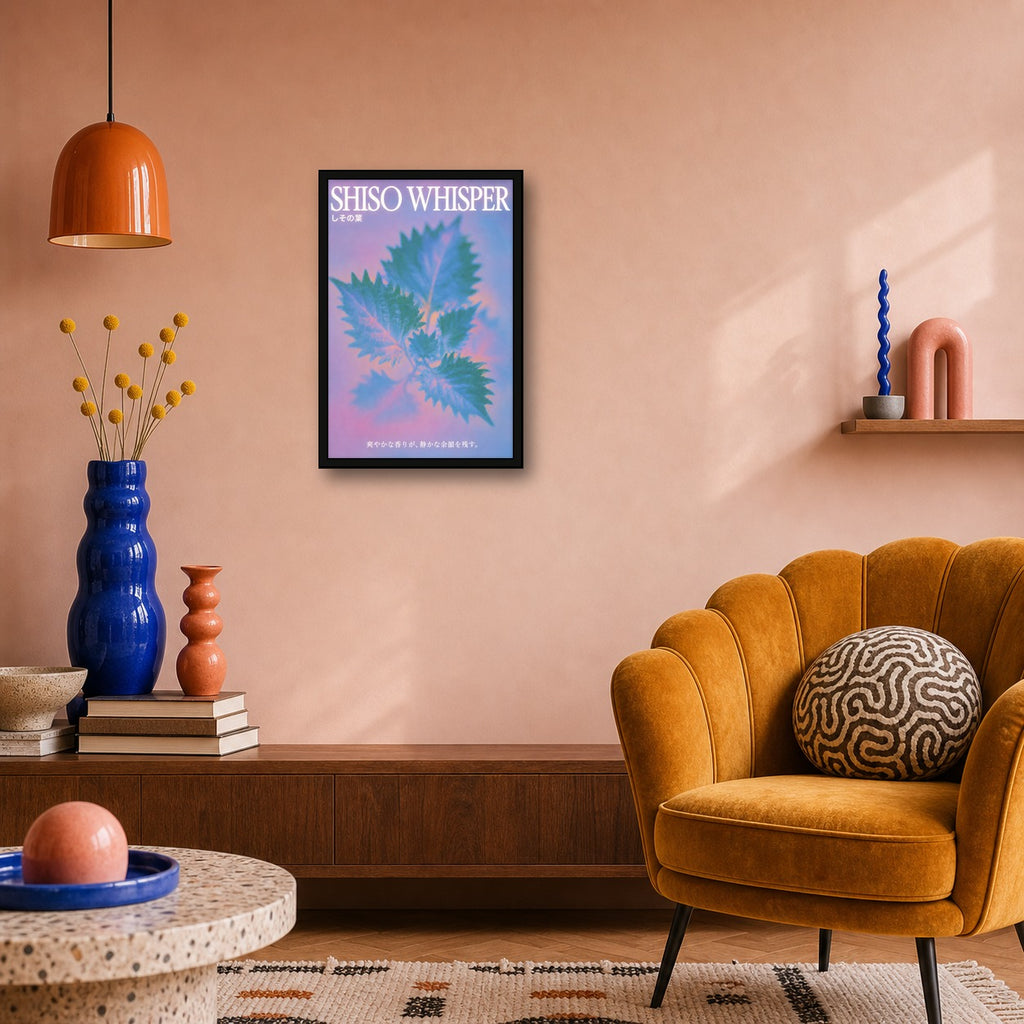 Shiso Whisper Abstract Art Poster, Mystical Japan Wall Decor, Pastel Hues & Leaves Print - 2x3 room mockup