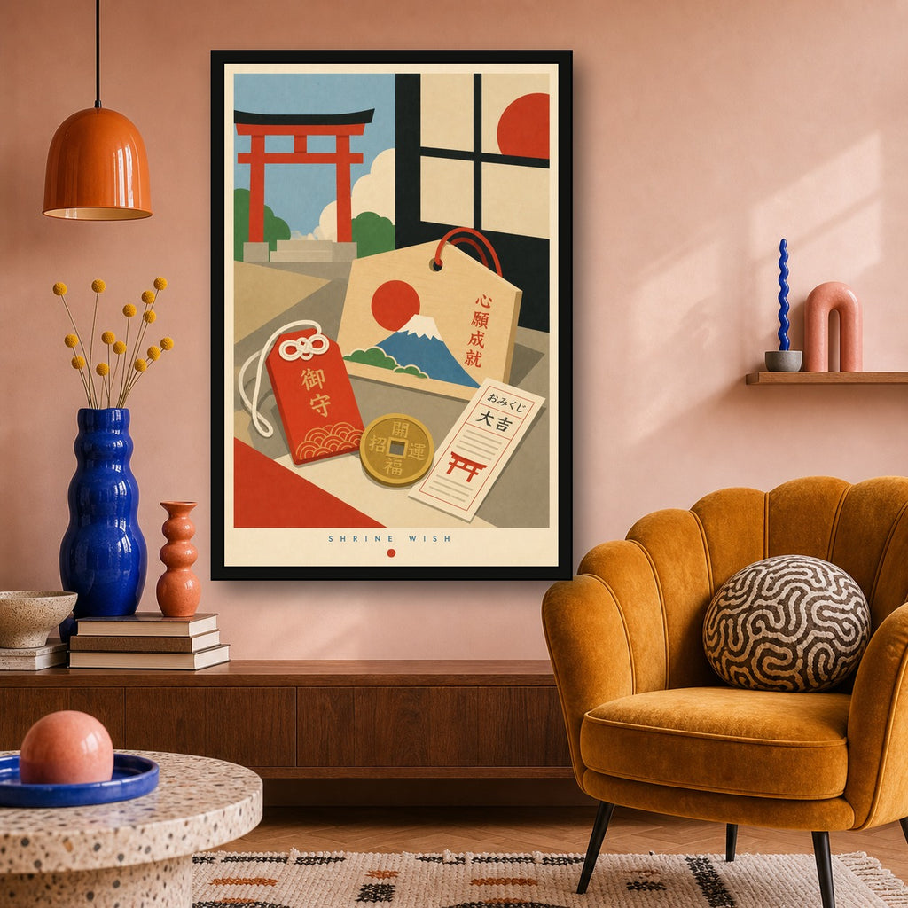 Shrine Wish Japanese Retro Poster Print - 2x3 room mockup