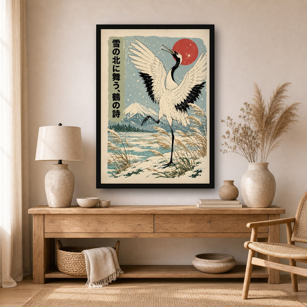 Snow Crane Hokkaido Poster, Japanese Nature Wall Art, Matte Print - A room mockup