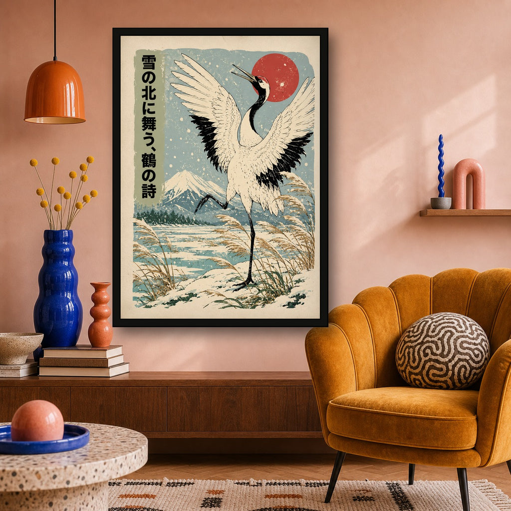 Snow Crane Hokkaido Poster, Japanese Nature Wall Art, Matte Print - A room mockup