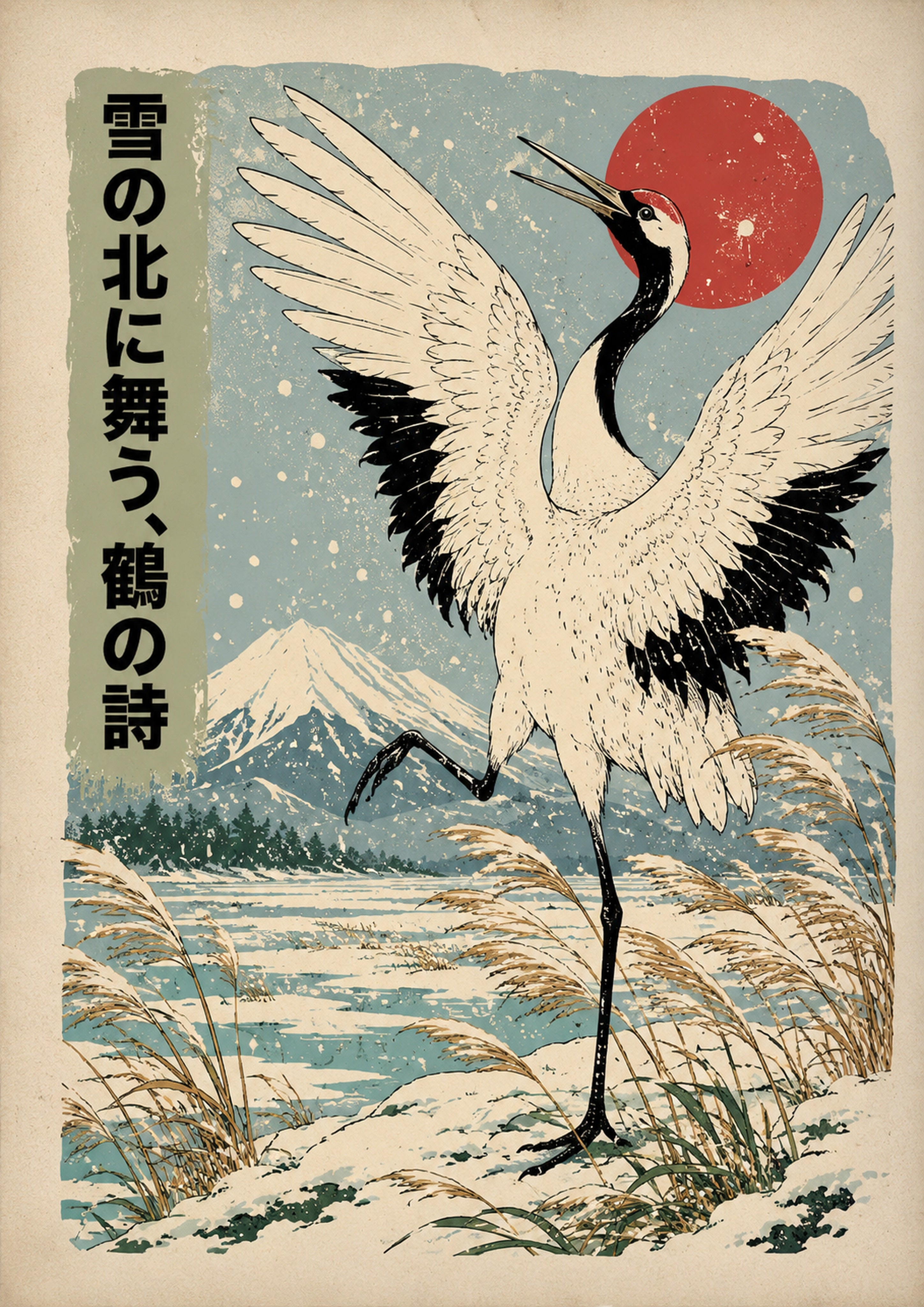 Snow Crane Hokkaido Poster, Japanese Nature Wall Art, Matte Print
