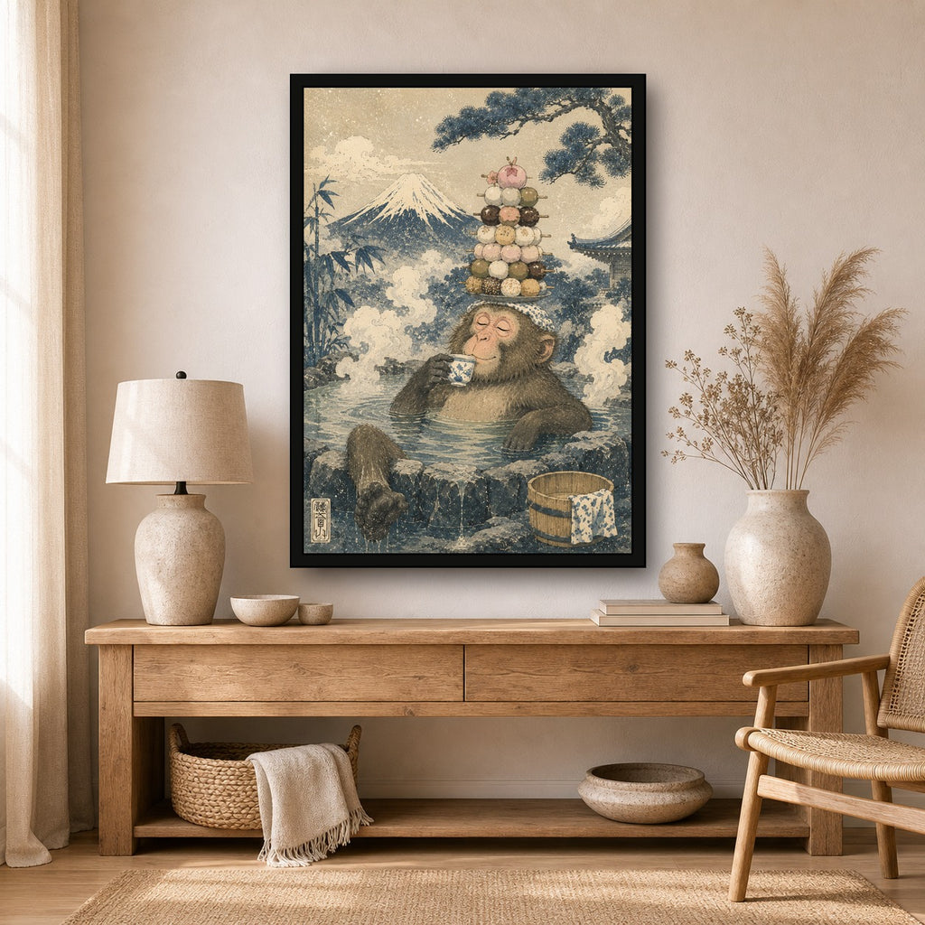 Snow Monkey Dango Onsen Japanese Retro Poster Print - A room mockup