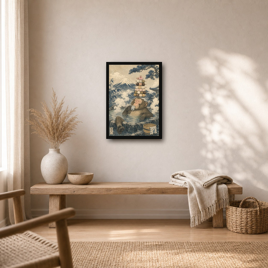 Snow Monkey Dango Onsen Japanese Retro Poster Print - A room mockup