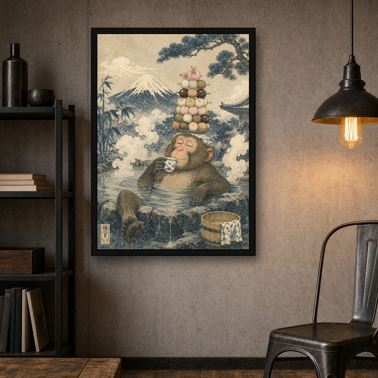 Snow Monkey Dango Onsen Japanese Retro Poster Print - A room mockup
