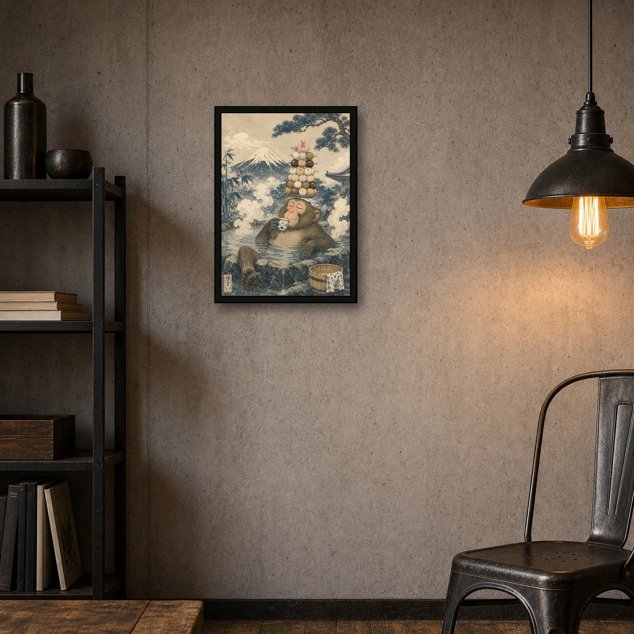 Snow Monkey Dango Onsen Japanese Retro Poster Print - A room mockup