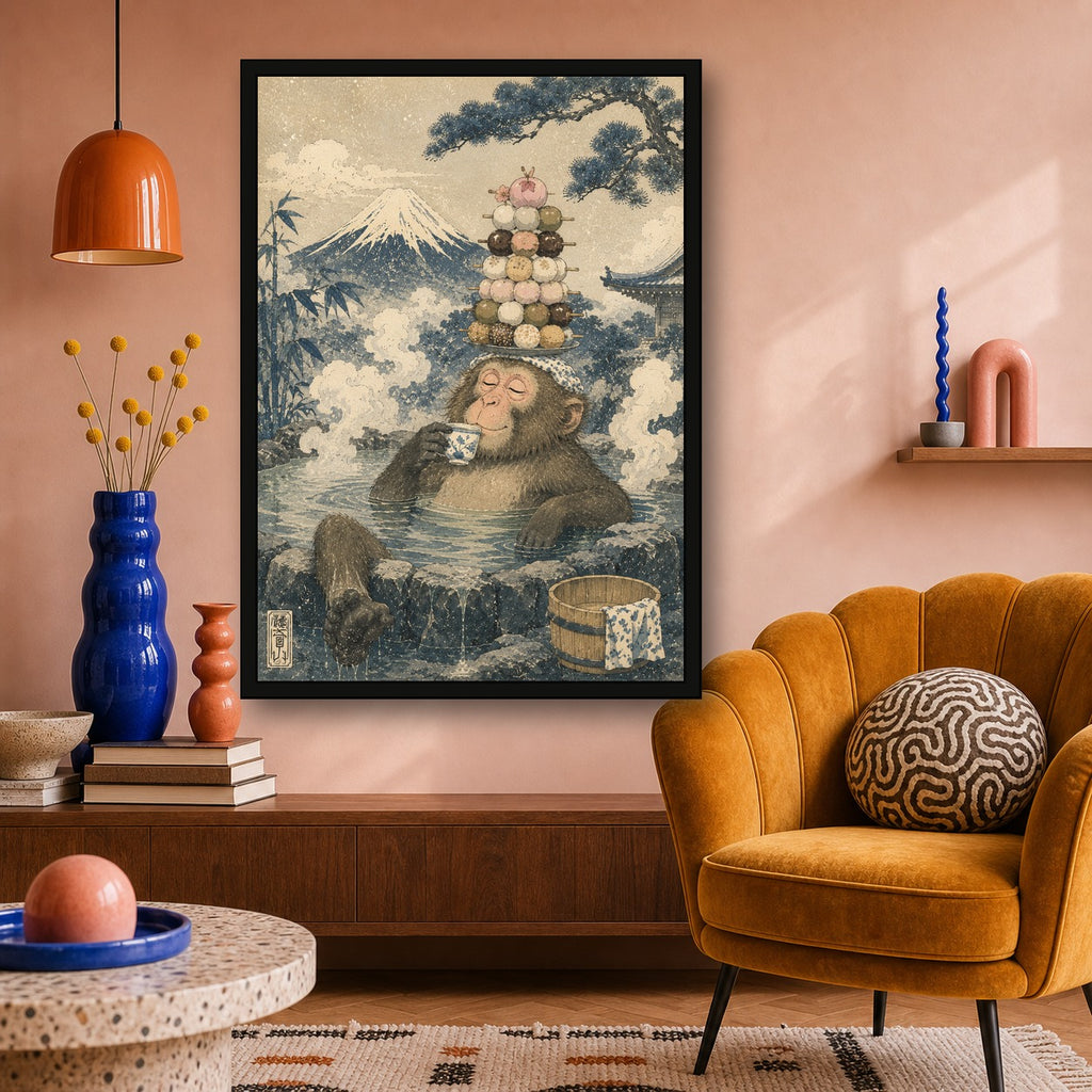 Snow Monkey Dango Onsen Japanese Retro Poster Print - A room mockup