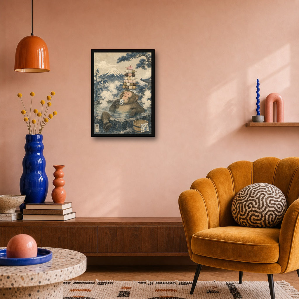 Snow Monkey Dango Onsen Japanese Retro Poster Print - A room mockup