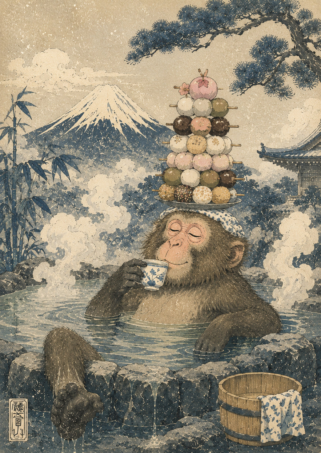 Snow Monkey Dango Onsen Japanese Retro Poster Print