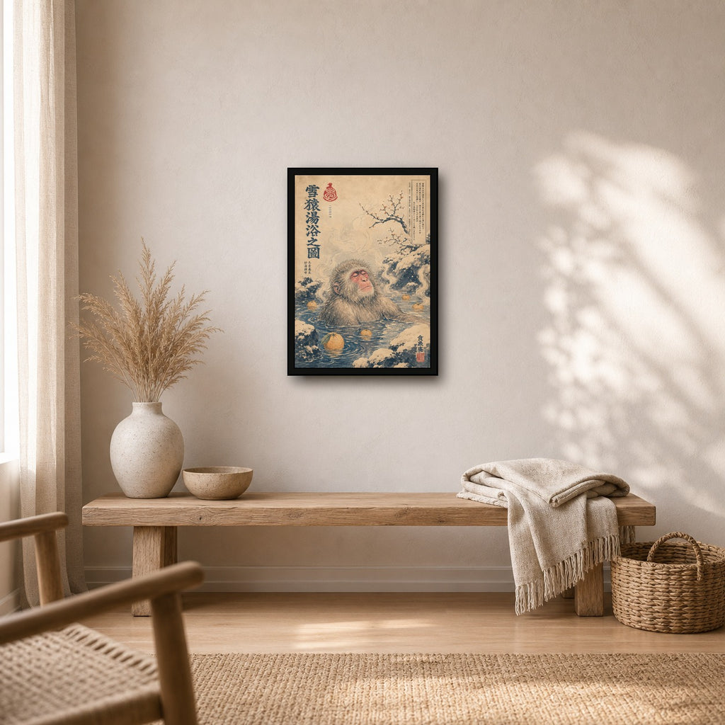Snow Monkey Yuzu Onsen Japanese Retro Poster Print - A room mockup
