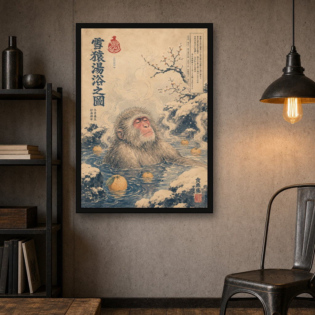 Snow Monkey Yuzu Onsen Japanese Retro Poster Print - A room mockup