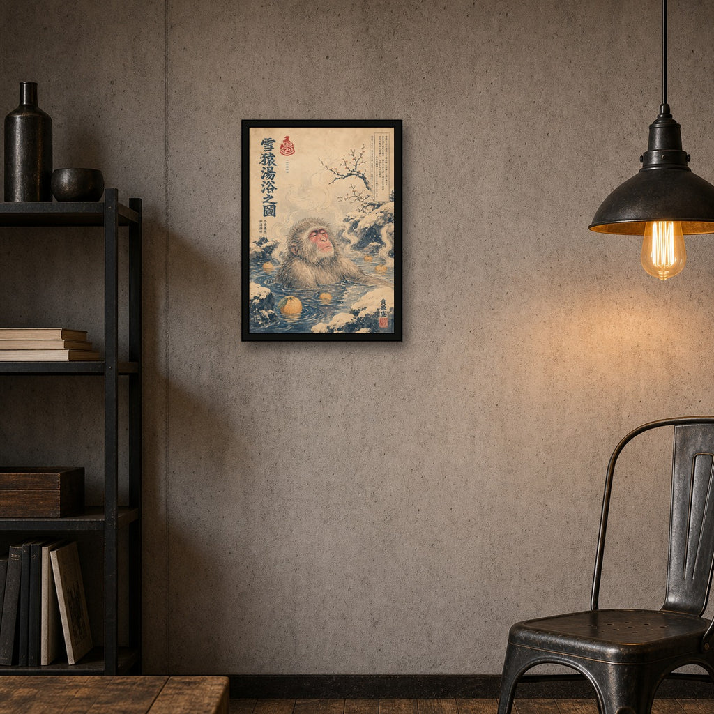 Snow Monkey Yuzu Onsen Japanese Retro Poster Print - A room mockup