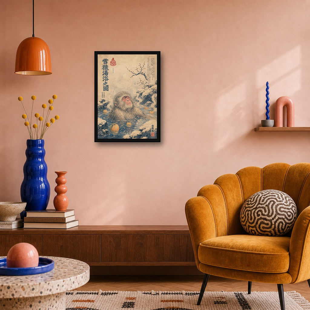 Snow Monkey Yuzu Onsen Japanese Retro Poster Print - A room mockup